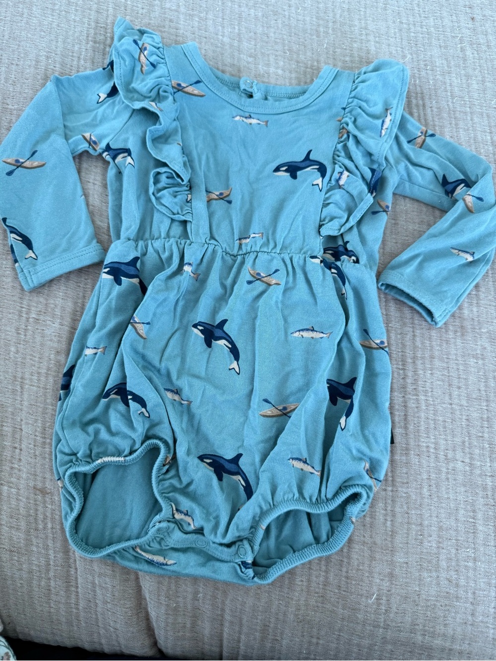 Kyte BABY Light Blue Whale Ruffle Long-Sleeve One-Piece